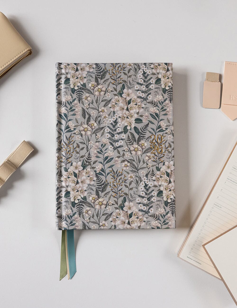 2026 Desktop Linen Bound Planner - Ivory Garden - Image 3